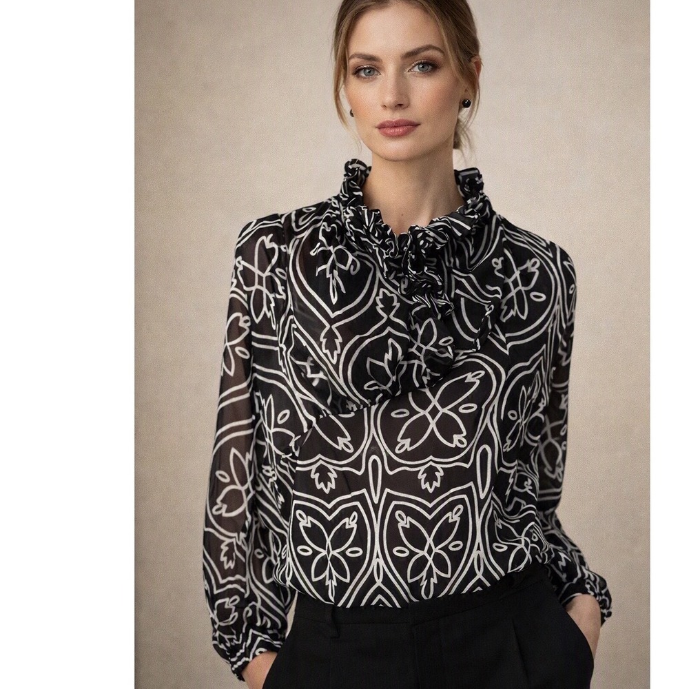 Artsy Geometric Ruffle Neck Blouse L Sterling Pamella Roland Black White Chiffon